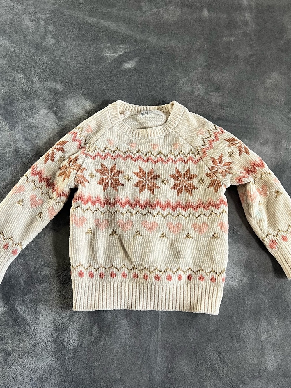 H&M Cream Fair Isle Crewneck Sweater with Pink & Brown Details